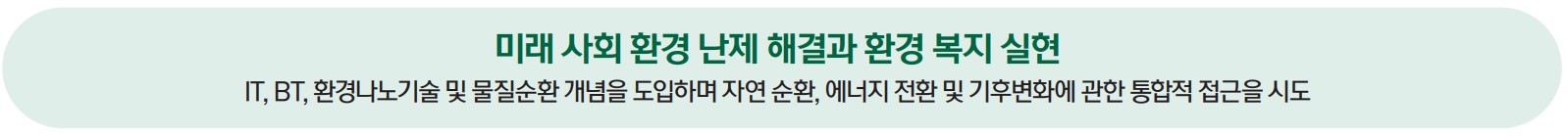 IT, BT, 환경나노기술 및 물질순환 개념을 도입하고 자연 순환, 에너지 전환 및 기후변화에 관한 통합적 접근을 시도하여 미래 사회 환경 난제 해결과 환경 복지 실현